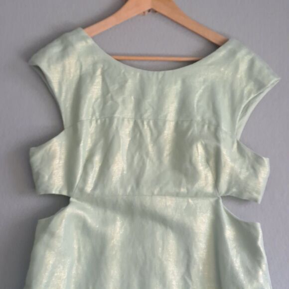 Maeve Anthropologie Shift Dress Women 14 Mint Metallic Green Linen Mentha Cutout - Picture 3 of 15